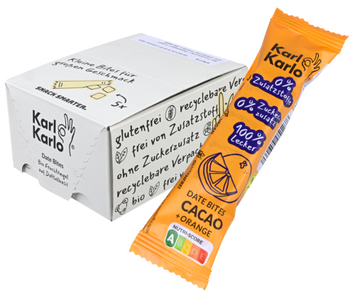 12 pakken Karl Karlo Dadel Bites Cacao Sinaasappel   35g - Boodschappen