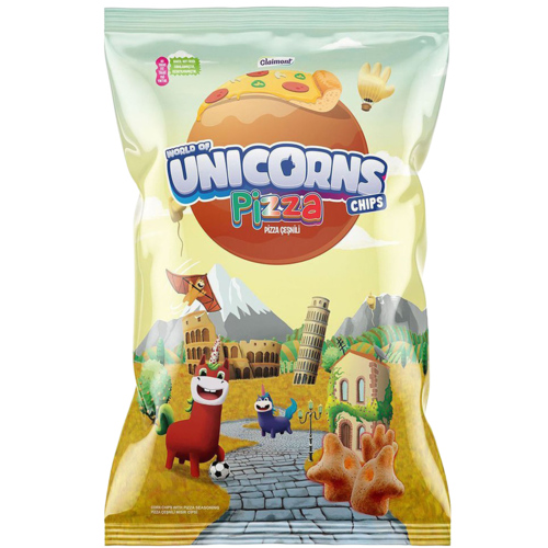 2 Zakken Claimont World of Unicorns Chips Pizza   70g - Boodschappen