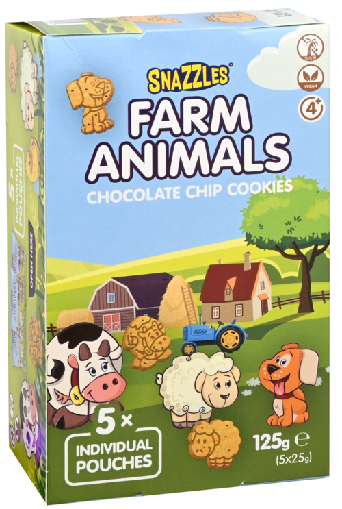2 pakken Snazzles Standard Cookie Farm Animals Chocolate Chip 5x25g - Boodschappen