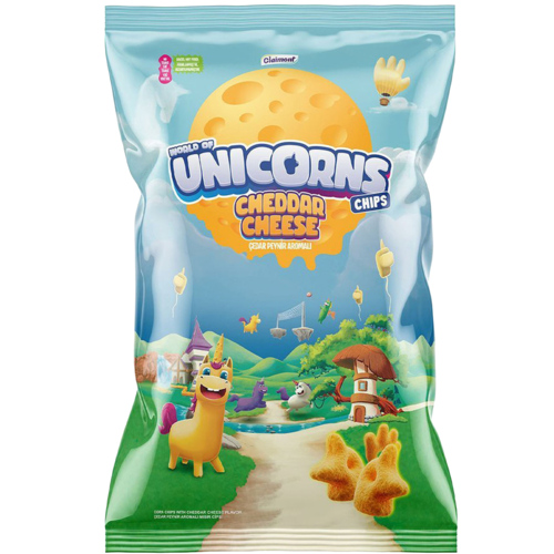2 Zakken Claimont World of Unicorns Chips Cheddar Cheese 70g - Boodschappen