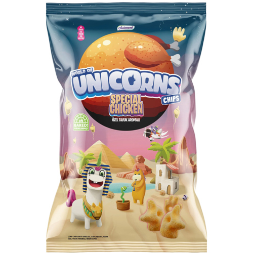 2 Zakken Claimont World of Unicorns Chips Special Chicken 70g - Boodschappen